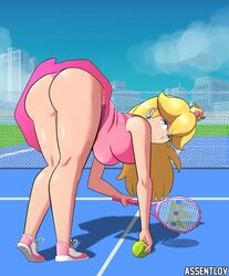 1girls ass assentlov bending_over blonde_hair crown leaning_forward long_hair mario_(series) mario_tennis nintendo princess_peach solo tennis_racket tennis_uniform upskirt rating:Questionable score:66 user:MegaMoo