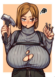 1girls absurdres big_breasts blush breasts cleavage coffeelove68 exposed_breasts female female_only highres huge_breasts jujutsu_kaisen kugisaki_nobara ripped_clothing solo sweater turtleneck rating:Questionable score:281 user:justausername