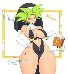 1girls angry angry_face bible blue_eyes blush breasts dragon_ball dragon_ball_super elbow_gloves female female_focus female_only fusion gloves green_hair kefla large_breasts legendary_super_saiyan lunaexhabbitix medium_breasts nun nun's_habit nun_outfit potara_earrings potara_fusion puffy_nipples saiyan simple_background skimpy_clothes solo solo_female solo_focus super_saiyan super_saiyan_2 thick_thighs thighs voluptuous white_background rating:Explicit score:246 user:AlTyCg