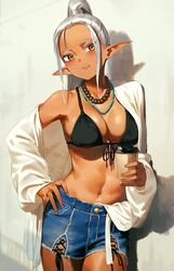 1girls bare_shoulders bikini bikini_top bikini_under_clothes brown_skin casual cleavage dark-skinned_female dark_elf dark_skin day denim denim_shorts drink elf female front-tie_top gold_eyes high_ponytail jewelry kinta_(distortion) large_breasts midriff necklace off_shoulder open_clothes open_shirt original outdoors outside pointy_ears ponytail revealing_clothes shirt shorts silver_hair solo standing stomach sunlight swimsuit rating:Questionable score:112 user:oldspice1