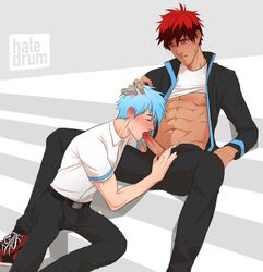 2boys blue_hair blush clothing erect_penis erection fellatio gay genitals haledrum hand_on_head head_grab kuroko_no_basuke male male/male male_only oral oral_sex penis red_hair shirt_lift taiga_kagami tetsuya_kuroko yaoi rating:Explicit score:56 user:deleted7703