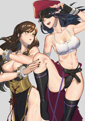 2girls alternate_color alternate_costume alternate_outfit bare_legs bikini black_bikini black_nail_polish braid braided_hair brown_hair capcom chinese_clothes chun-li dark_blue_hair dress evil_grin evil_smile eye_patch female_only fighting_stance gloves hat juri_han leotard long_hair looking_at_another medium_breasts micro_bikini midriff nail_polish open_mouth purple_eyes purple_nail_polish short_shirt simple_background standing street_fighter street_fighter_v surprised tanakalma thick_thighs rating:Safe score:84 user:Trorionz