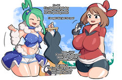 2girls bandana big_breasts bike_shorts blue_eyes breasts brown_hair busty_teen closed_eyes female female_only game_freak huge_breasts huge_hips human human_only leotard lisia_(pokemon) may_(pokemon) may_(pokemon_rs) midriff navel nintendo pokemon pokemon_oras pokemon_rse shiny_skin shorts standing teenager text thick_thighs tight_clothing wide_hips woohyoot rating:Questionable score:156 user:Mukkypokky