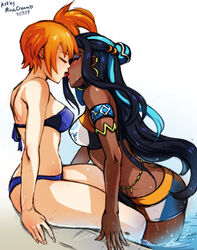 2girls :p arm_support artist_name asymmetrical_hair asymmetrical_hairstyle bare_shoulders belly_chain bent_knees bikini bikini_top blue_bikini blue_bikini_top blue_hair blush chocolate_and_vanilla closed_eyes dark-skinned_female dark_blue_hair dark_skin duo earrings english english_text female female_only french_kiss game_freak gym_leader highlights hoop_earrings in_water interracial interracial_yuri jewelry kasumi_(pokemon) kissing long_hair minacream misty_(pokemon) multicolored_hair multiple_girls nessa_(pokemon) nintendo orange_hair partially_submerged piercing pokemon pokemon_(game) pokemon_rgby pokemon_ss ponytail pool short_hair side_ponytail simple_background sitting sports_bikini swimsuit text tied_hair tongue trait_connection two-tone_hair very_long_hair wading water wet yuri rating:Questionable score:160 user:Misty_lover