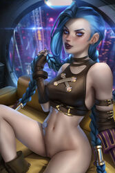 arcane arcane_jinx athletic_female ayyasap blue_eyes blue_hair bottomless human jinx_(league_of_legends) league_of_legends looking_at_viewer pussy shaved_pussy rating:Explicit score:105 user:acds