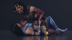 2girls 3d athletic_female black_hair breasts clone clonecest closed_eyes clothed female female_only hd heel_boots interspecies kitana kiteena mileena monster_girl mortal_kombat mortal_kombat_x ninja nocskylark pinned_down riding stockings suggestive yuri rating:Explicit score:104 user:movesetmain