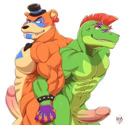 2022 abs alligator alligatorid anthro arvie balls boner bracelet clothing crocodilian digital_media_(artwork) duo ear_piercing ear_ring erection eyewear five_nights_at_freddy's five_nights_at_freddy's:_security_breach gay genitals glamcock glamrock_freddy_(fnaf) hat headgear headwear hi_res humanoid_genitalia humanoid_penis jewelry male male_only mammal mohawk montgomery_gator_(fnaf) muscular muscular_anthro muscular_male nude penis piercing reptile scalie scottgames simple_background spiked_bracelet spikes sunglasses ursid video_games white_background rating:Explicit score:59 user:bot