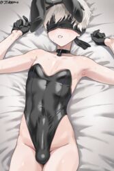 1boy armpits bed blindfold blush bulge bunny_boy bunny_ears bunnysuit choker femboy fingerless_gloves girly gloves jtveemo leotard lying_on_bed male male_only nier nier:_automata nier_(series) on_bed pale-skinned_male pale_skin short_hair solo sweat white_hair yorha_9s rating:Explicit score:155 user:B1188