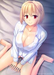 1girls arcueid_brunestud barefoot bed big_breasts blonde_hair blouse breasts cleavage female female_only high-angle_view kneeling long_sleeves looking_at_viewer looking_up miyai_sen nipple_bulge no_bra on_bed panties red_eyes seductive sheets shirt short_hair sitting slit_pupils smile solo tsukihime type-moon vampire wariza white_shirt rating:Questionable score:19 user:deleted7012