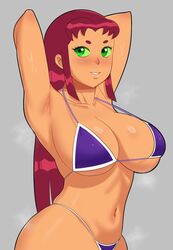 1girls big_breasts bikini bikini_top breasts coldarsenal dc dc_comics female female_focus female_only green_eyes hands_behind_head huge_breasts large_breasts looking_at_viewer navel purple_bikini purple_swimsuit red_hair simple_background solo solo_female solo_focus starfire swimsuit teen_titans toned toned_belly toned_body toned_female toned_stomach rating:Questionable score:267 user:GaspinJojo