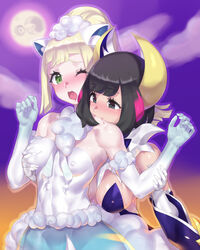 2girls alolan_vulpix_(cosplay) bare_shoulders black_hair blonde_hair blood blush breast_grab breasts cosplay detached_sleeves dress exposed_shoulders from_behind game_freak gloves grabbing_another's_arm grabbing_from_behind gradient_gloves green_eyes grey_eyes groping lillie_(pokemon) lunala_(cosplay) lunatone magenta_highlights mizuumi_(bb) moon neck_biting night nintendo nipples nipples_visible_through_clothing nose_blush open_mouth pokemon pokemon_(cosplay) pokemon_sm selene_(pokemon) small_breasts yuri rating:Questionable score:89 user:crimgang