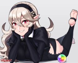 1girls :d artist_name artist_signature ass bare_thighs barefoot big_ass black_headband black_headwear black_panties black_underwear blonde_hair blouse bodysuit breasts cleavage clothing corrin_(fire_emblem) corrin_(fire_emblem)_(female) cowboy_shot eyebrows_visible_through_hair eyeliner feet feet_up female female_only fire_emblem fire_emblem_fates fire_emblem_heroes full_body grin hair_between_eyes hand_on_own_face headband headwear hi_res highres inner_thighs lingerie lipstick long_hair looking_at_viewer lying makeup medium_breasts nintendo on_stomach open-mouth_smile open_mouth orb panties pantsu pantyhose platinum_blonde_hair pointed_ears pointy_ears puffy_sleeves red_eyes sarukaiwolf shirt simple_background smile soles solo stirrup_legwear the_pose thighs toes underwear rating:Questionable score:147 user:hdll