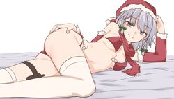 alternate_costume ass bare_shoulders bikini blue_eyes braid breasts christmas detached_sleeves elbow_rest eyebrows_visible_through_hair female fur-trimmed_sleeves fur_trim grey_hair hand_on_own_ass hat highres holster looking_at_viewer lying medium_breasts miyo_(ranthath) on_side red_bikini sakuya_izayoi santa_hat scarf short_hair smile solo split_mouth string_bikini swimsuit thigh_holster thighhighs touhou twin_braids white_legwear rating:Questionable score:85 user:DemonKitty15