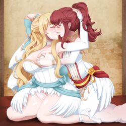 2girls alternate_costume anna_(fire_emblem) anna_(fire_emblem_fates) blonde_hair breast_grab breasts charlotte_(bridal)_(fire_emblem) charlotte_(fire_emblem) cleavage female female_only fingering fingering_partner fire_emblem fire_emblem_fates fire_emblem_heroes groping hair_ribbon hand_on_head incognigoat jewelry kissing kneeling large_breasts long_hair multiple_girls nintendo official_alternate_costume ponytail reach_around red_hair thick_thighs thighhighs wedding_dress wedding_ring wedding_veil yuri rating:Explicit score:34 user:Incognigoat