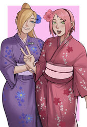 2girls blonde_hair blue_eyes boruto:_naruto_next_generations female female_only forehead_mark green_eyes gud0c hi_res ino_yamanaka kimono mature_female milf multiple_girls naruto naruto_(series) peace_sign pink_hair pink_kimono ponytail purple_kimono sakura_haruno short_hair simple_background watermark wide_hips yuri rating:Safe score:247 user:lespam_605