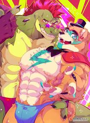 2boys abs bear blue_eyes blush bodypaint booboo34 bowtie brown_fur bulge crocodilian earrings five_nights_at_freddy's five_nights_at_freddy's:_security_breach flaccid furry gay glamrock_freddy_(fnaf) gloves green_skin hand_on_ass happy hat heart inviting looking_at_viewer male_only montgomery_gator_(fnaf) muscular_male naughty_face partially_clothed purple_background red_eyes red_hair reptile sharp_teeth smiling sparkles star_glasses top_hat underwear rating:Explicit score:109 user:xyisusss