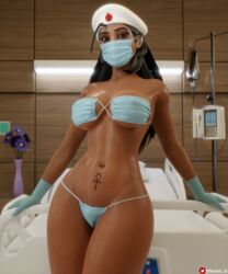 1girls 3d 3d_(artwork) abs absurd_res ana_amari athletic_female big_breasts bikini black_hair blizzard_entertainment dark-skinned_female ear_piercing eyepatch_bikini face_mask female female_focus female_only fit_female gloves hospital hospital_bed large_filesize latex_gloves long_hair looking_at_viewer mask mask_bikini mask_on_breasts mask_on_crotch mask_panties navel navel_piercing nemesis_3d overwatch pubic_tattoo shiny_skin solo solo_female solo_focus tattoo toned_female rating:Questionable score:284 user:xplosive93