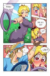 1boy 4girls breasts cleavage comic crossover female heart-shaped_pupils huge_breasts link link_(breath_of_the_wild) mario_(series) mario_tennis nintendo paper_mario princess_peach sasatseng shadow_queen tennis_ball tennis_racket tennis_uniform the_legend_of_zelda rating:Explicit score:96 user:Dragonballgt9999