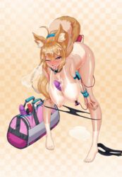 1girls ahoge amy_(project_qt) anal_beads animal_ears animated bandaid bent_over big_breasts breasts collar cum_in_mouth cum_on_breasts cum_on_face dildo_between_breasts feet fox_ears fox_tail full_body huge_breasts nipples nude nutaku one_eye_closed panties_down project_qt sex_toy tail tanline tongue_out vibrator vibrator_in_pussy vibrator_on_nipple rating:Explicit score:116 user:nonke