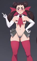 1girls bare_shoulders belly_button blush breasts brown_hair elbow_gloves female female_only gloves hair_ribbon hi_res necktie nintendo pasties petra_(pokémon) pink_eyes poke_ball_pasties pokemon pokemon_rse rizdraws roxanne_(pokemon) skirt slutty_outfit small_breasts solo thick_thighs thighhighs thighs twintails rating:Explicit score:202 user:daft_human