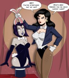 2girls black_hair bowtie bunny_ears bunny_girl bunny_tail bunnysuit cleavage cropped_jacket dazed dc dc_comics elbow_gloves english_text female_only femdom femsub fishnet_legwear fishnets gloves glowing glowing_eyes grey_skin hypnosis long_hair magic magician mind_control pantyhose polmanning purple_hair rachel_roth raven_(dc) short_hair speech_bubble spiral_eyes strapless_clothing super_hero symbol_in_eyes teen_titans text western zatanna zatanna_zatara rating:Questionable score:171 user:Faerie_Butter