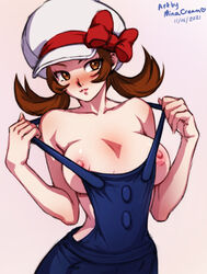 1girls blue_overalls blush bow brown_eyes brown_hair closed_mouth collarbone female flipped_hair hat hat_bow looking_away lyra_(pokemon) minacream naked_overalls overalls pokemon pokemon_(game) pokemon_hgss red_bow simple_background solo solo_focus white_background rating:Explicit score:100 user:bot