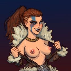 breasts breasts_out darkest_dungeon flashing hellion_(darkest_dungeon) long_hair open_clothes pears_(artist) ponytail smile rating:Explicit score:163 user:keramika0