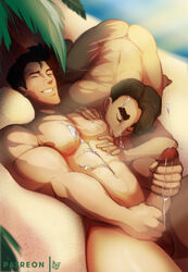 2boys ass_up avatar_the_last_airbender beach brown_hair brown_skin cum cum_on_abs cum_on_upper_body cumshot dark_hair gay jerkingoff laying_on_sand lilprincyvi lying_on_back lying_on_ground mako male male_only masturbation muscular_male on_knees pleasure_face prince_wu smooth_skin stroking_cock stroking_penis sucking_nipples the_legend_of_korra yaoi rating:Explicit score:65 user:deleted106816