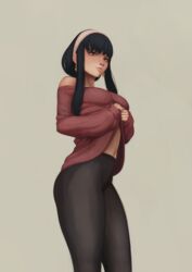 1girls 2022 assassin bare_shoulders black_hair headband kris_null long_hair looking_at_viewer navel pants red_eyes shirt_lift shounen_jump shounen_jump+ simple_background spy_x_family thorn_princess yor_briar rating:Safe score:202 user:Errinel