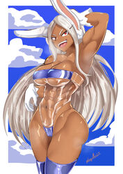 1girls abs animal_ears big_breasts bunny_ears clothed clothing dark-skinned_female dark_skin gris_swimsuit long_hair loquillo miruko muscles my_hero_academia red_eyes rumi_usagiyama thick_thighs transparent_clothing white_hair wide_hips rating:Explicit score:102 user:Ruff23