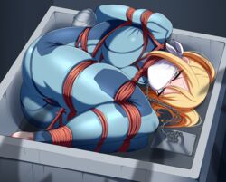 ass bagelbomb blonde_hair bodysuit bondage breasts chained chains crate gag gagged hi_res lying metroid nintendo rope rope_bondage samus_aran skin_tight taped_hands zero_suit_samus rating:Questionable score:218 user:shruck