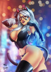 black_cat_(marvel) blue_eyes cat_ears cat_lingerie cat_tail cedric_humbert domino_mask felicia_hardy fred_benes huge_breasts long_hair marvel marvel_comics spider-man_(series) voluptuous white_hair rating:Questionable score:92 user:TheKindHaremMaster