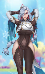 armpits black_gloves blue_eyes blurry_background blush bodysuit braid braided_ponytail breast_curtain breasts camel_toe cameltoe chinese_clothes clothed clothing_cutout covered_navel covered_nipples eyes_visible_through_hair female genshin_impact gloves gold hair_ornament hair_over_one_eye hand_behind_back hand_on_head hands_behind_head highres hip_vent impossible_bodysuit impossible_clothes iridescent jewelry large_breasts light_blue_hair long_hair long_sleeves looking_at_viewer mihoyo nipples nipples_visible_through_clothing one_eye_covered riarfian see-through shenhe_(genshin_impact) shirt shoulder_cutout silver_hair simple_background solo thick thick_thighs thighhighs thighs very_long_hair voluptuous wet_clothes white_background white_shirt rating:Questionable score:150 user:RiArfian