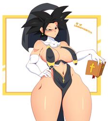 1girls angry angry_face bible black_eyes black_hair blush breasts dragon_ball dragon_ball_super elbow_gloves female female_focus female_only gloves kefla large_breasts lunaexhabbitix medium_breasts nun nun's_habit nun_outfit potara_earrings puffy_nipples simple_background skimpy_clothes solo solo_female solo_focus thick_thighs thighs voluptuous white_background rating:Explicit score:207 user:Liberius1