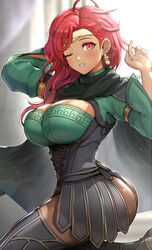 1girls ahoge ass big_ass black_panties boots breasts cleavage commentary_request dark-skinned_female dark_skin diadem earrings female female_only fire_emblem fire_emblem:_three_houses gonzarez hair_over_shoulder hapi_(fire_emblem) highres jewelry kneeling large_breasts long_hair long_sleeves looking_at_viewer medium_hair nintendo one_eye_closed panties pantyhose red_eyes red_hair solo thigh_boots thighhighs rating:Questionable score:245 user:kris923