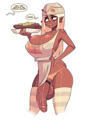 1futa apron balls big_penis breasts carbon_pink clothed clothing cock_ring cum_on_food dark-skinned_futanari dark_skin dialogue fast_food fast_food_uniform flaccid futa_only futanari huge_breasts huge_cock human jack_cayless mostly_nude open_mouth penis solo speech_bubble standing tanline testicles text thighhighs wide_hips rating:Explicit score:455 user:justausername