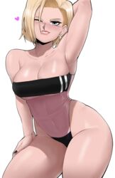 1girls 2022 android_18 armpits arms_behind_head arms_up blonde_hair blue_eyes blush breasts dragon_ball dragon_ball_z echosaber female female_only gris_swimsuit hi_res hips large_breasts one-piece_swimsuit one_eye_closed painted_nails png see-through see-through_clothing short_hair simple_background slim_waist smile solo swimsuit thick_thighs thighs very_high_resolution white_background wide_hips wink rating:Questionable score:498 user:Cero_Oscuras