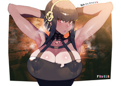 armpits arms_behind_head arms_up big_breasts black_hair blush border breasts cleavage collared_dress dress earrings eyebrows_visible_through_hair female hairband huge_breasts jewelry long_hair looking_at_viewer namaniku_atk nipple_bulge nipples_visible_through_clothing outside_border red_eyes shounen_jump shounen_jump+ sidelocks sleeveless solo spy_x_family sweat sweatdrop thorn_princess torn_clothes white_border yor_briar rating:Explicit score:161 user:Senkuuy