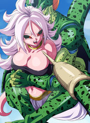 1boy 1boy1girl 1girls android_21 android_21_(evil) belly belly_button big_breasts bio-android_(dragon_ball) black_sclera breasts cell_(dragon_ball) cleavage clothed clothed_female crop_top dragon_ball dragon_ball_fighterz dragon_ball_z earrings female_focus fingers_interlocked flustered gold_choker hoop_earrings imperfect_cell leg_lock majin_android_21 open_mouth pink_skin pointy_ears red_eyes rom sharp_fingernails surprised sweat sweatdrop tail white_hair white_pants rating:Questionable score:98 user:Marioskat