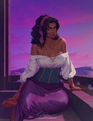 1girls 2d areolae barefoot black_hair bodice breasts cleavage dark-skinned_female dark_skin disney esmeralda female female_only green_eyes krysdecker long_hair looking_at_viewer medium_breasts pink_ribbon purple_dress the_hunchback_of_notre_dame white_shirt rating:Questionable score:268 user:deleted6786