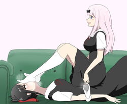 2girls big_breasts black_hair blue_eyes blush bow brainwashing breasts calm couch feet femdom femsub foot_fetish footwear fujiwara_chika helpless holding_shoes hypnosis hypnotic_smell kaguya-sama_wa_kokurasetai_~tensai-tachi_no_renai_zunousen~ laying_on_couch long_hair long_socks looking_down_at_partner looking_up musk nervous pink_background pink_hair red_eyes ribbon school_shoes school_uniform schoolgirl shinomiya_kaguya sitting_on_person smell smile sniffing socks stepped_on stepping_on_head submissive sweat worship yuri ze_r0_ze_r0 rating:Explicit score:243 user:Chibu