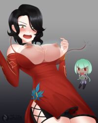 2022 2girls big_breasts black_hair blush breast_expansion breasts breasts_out cinder_fall dress embarrassed emerald_sustrai exposed_breasts female female_only gold_eyes green_hair jay156 open_mouth red_eyes rwby short_hair wardrobe_malfunction yellow_eyes rating:Questionable score:35 user:Deskjet23