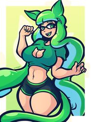 breasts cat_ears cat_tail catgirl gemrazzled green_eyes green_fingernails green_hair inkling inkling_girl neko original_character shorts splatoon splatoon_2 thick_thighs rating:Explicit score:77 user:Lewd_Shinobi