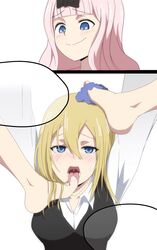 2girls blonde_hair blue_eyes blush blushing bondage bow brainwashing breasts comic crying crying_with_eyes_open drool drool_string drooling feet feet_in_mouth foot_fetish foot_focus foot_worship footwear fujiwara_chika grin hayasaka_ai heart-shaped_pupils helpless hypnosis kaguya-sama_wa_kokurasetai_~tensai-tachi_no_renai_zunousen~ licking_feet looking_down messy_hair mind_control no_text pink_hair playing_with_hair scrunchie smile smiling smirk smug speech_bubble stepped_on stepping_on_face stepping_on_head submission sweat tears tied_up tongue tongue_out white_background white_shirt yuri ze_r0_ze_r0 rating:Explicit score:356 user:Chibu