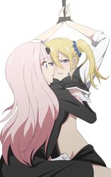 2girls arms_up biting_lip blonde_hair blue_eyes blush brainwashing breast_grab breasts cuffs_(clothing) fujiwara_chika hands_under_clothes hayasaka_ai hypnosis kaguya-sama_wa_kokurasetai_~tensai-tachi_no_renai_zunousen~ long_hair molestation pink_hair puckered_lips ribbon rubbing_pussy school_uniform schoolgirl scrunchie sexual_torture shirt_lift sweat teasing teeth tied_up white_background yuri ze_r0_ze_r0 rating:Explicit score:215 user:Chibu