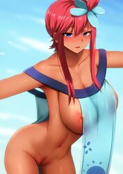 bangs bare_shoulders blue_eyes blue_sky blush breasts cleavage dark-skinned_female dark_skin female ginhaha gym_leader hair_ornament highres large_breasts long_hair looking_at_viewer navel nintendo nipple_slip nipples pokemon pokemon_bw pussy red_hair revealing_clothes sidelocks sky skyla_(pokemon) smile thighs uncensored rating:Explicit score:139 user:Dhevon