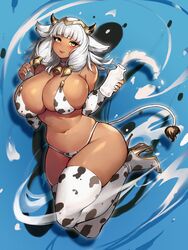 1girls absurdres animal_ears animal_print ash_(fire_emblem) ass bangs bell bikini black_horns blush bottle breasts choker cleavage cow_ears cow_girl cow_print cow_tail cowbell dark-skinned_female dark_skin elbow_gloves female female_only fire_emblem fire_emblem_heroes full_body gloves gold_trim gurimjang high_heels highres horns huge_breasts milk milk_bottle navel nintendo plump red_lips silver_hair swimsuit tail thick_thighs thigh_boots thighs yellow_eyes rating:Explicit score:195 user:kris923