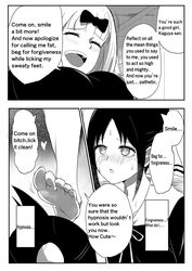 2girls barefoot big_breasts black_and_white black_hair blue_eyes blush bow brainwashing ceiling_tiles comic corruption degradation english_text feet female foot_fetish foot_focus fujiwara_chika heart heart-shaped_pupils hypnosis in_love kaguya-sama_wa_kokurasetai_~tensai-tachi_no_renai_zunousen~ laughing mind_break mind_control movement_lines pink_hair red_eyes shinomiya_kaguya smell smile smug sniffing speech_bubble stepped_on sweat text translated white_background yuri ze_r0_ze_r0 rating:Questionable score:123 user:Chibu