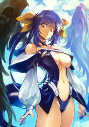 1girls angel_wings asymmetrical_wings bangs bare_shoulders belt blue_hair blue_sky breasts center_opening choker cleavage cloud detached_sleeves dizzy_(guilty_gear) eyebrows_visible_through_hair female guilty_gear hair_ribbon hair_rings large_breasts long_sleeves looking_at_viewer midriff navel optionaltypo puffy_long_sleeves puffy_sleeves red_eyes ribbon shaded_face sideboob signature sky solo tail thighs twintails underboob white_wings wings yellow_ribbon rating:Questionable score:128 user:vagabond512