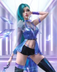 1girls 3d abs alternate_version_available armwear bare_midriff bare_thighs belly belly_button blue_eyes blue_hair choker female female_focus female_only highres k/da_all_out_seraphine k/da_all_out_series k/da_series league_of_legends midriff navel panties riot_games seraphine_(league_of_legends) short_skirt skirt small_breasts solo solo_focus therealzoh thighhighs thighs thong very_long_hair rating:Questionable score:294 user:xplosive93